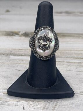 Dallas Prince Mother of Pearl Marcasite Fleur De Lis Statement Ring